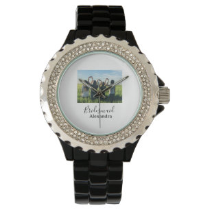 Bridesmaid bride squad name calligraphy photo gift watch