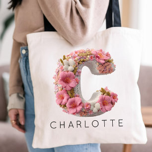 Bridesmaid Coquette Floral Letter C Custom Name Tote Bag