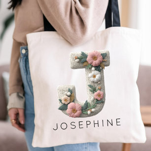 Bridesmaid Custom Name Floral Embroidery Effect Tote Bag