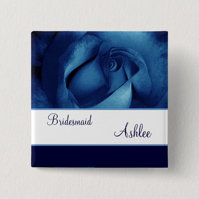 BRIDESMAID Custom Name Navy Blue Rose No 05 15 Cm Square Badge (Front)