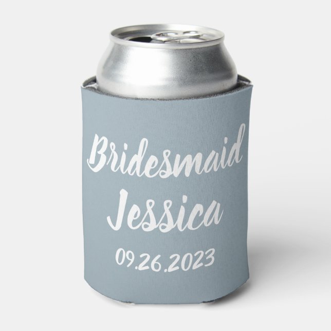 Bridesmaid Dusty Blue Elegant Script Gift Weddings Can Cooler (Can Front)