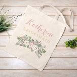 Bridesmaid Dusty Pink Floral Boho Custom Wedding Tote Bag<br><div class="desc">Our vintage boho floral wedding bridesmaid tote bag features a moody floral arrangement of romantic roses, peony and anemone flowers, greenery, and rustic bohemian feather accents in rich shades of dusty rose, mauve pink, cassis, creamy white, moss green, grey, and gold on a dark grey / black background colour. A...</div>
