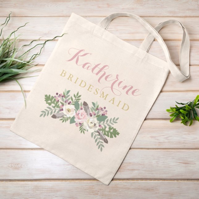 Bridesmaid Dusty Pink Floral Boho Custom Wedding Tote Bag (Creator Uploaded)