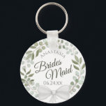 Bridesmaid Elegant Eucalyptus Wreath Wedding Key Ring<br><div class="desc">These keychains are designed to give as favours to bridesmaids in your wedding party. They feature a rustic hand painted watercolor design with a wreath of eucalyptus leaves and foliage in shades of mint, moss, and sage green. The text is written in elegant script letters, and there is room for...</div>