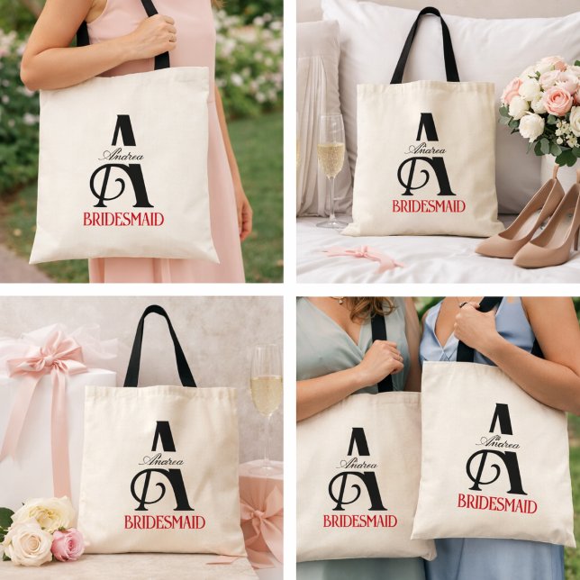 Bridesmaid Elegant Monogram Black Red Typography  Tote Bag (Bridesmaid Elegant Monogram Black Red Typography Tote Bag)