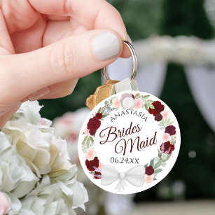 Bridesmaid Elegant Red Floral Wreath Wedding Key Ring