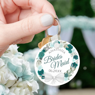 Bridesmaid Elegant Teal Floral Wreath Wedding Key Ring