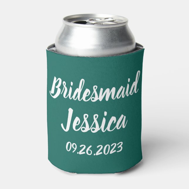 Bridesmaid Emerald Green Elegant Script Weddings Can Cooler (Can Front)