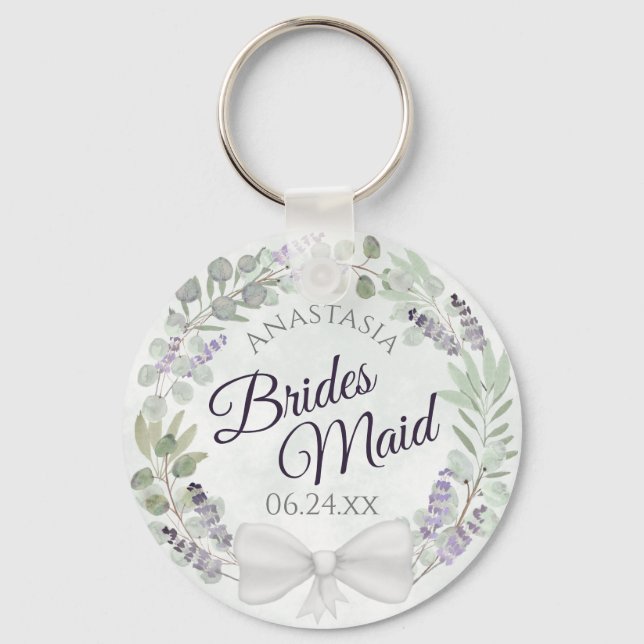 Bridesmaid Eucalyptus & Lavender Wreath Wedding Key Ring (Front)
