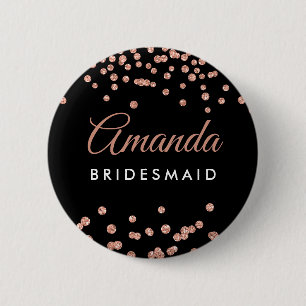 Bridesmaid Favour Rose Gold Glitter Confetti Black 6 Cm Round Badge