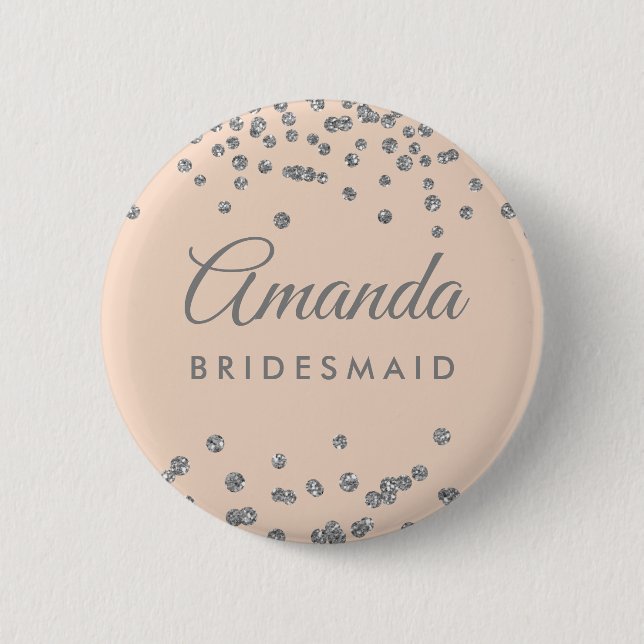 Bridesmaid Favour Silver Glitter Confetti Blush 6 Cm Round Badge (Front)