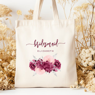 Bridesmaid Floral Burgundy Blush Script Tote Bag