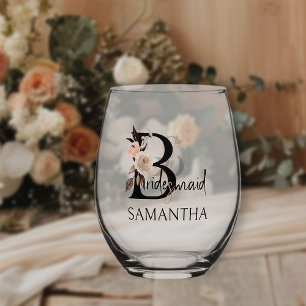 Bridesmaid Floral Letter Bridal Party Wedding Stemless Wine Glass