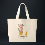 Bridesmaid Floral Pink Gold Monogram Letter L Large Tote Bag<br><div class="desc">Trendy floral monogram initial bridesmaid tote bag. Featuring gold floral monogram initial L which is set but you can easily change the name and occasion by using the "Personalise" button. Perfect gift for a birthday,  anniversary,  or bridal showers</div>