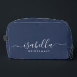 Bridesmaid Gift Blue Dopp Kit<br><div class="desc">This Bridesmaid accessory bag features a handwritten white script typography with swashes on a midnight or navy blue background. Present your bridesmaids with a toiletry bag for their makeup and small items traditionally presented at the rehearsal dinner,  for use in the early morning before the wedding.</div>