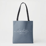 Bridesmaid Gift Dusty Blue  Tote Bag<br><div class="desc">This Bridesmaid accessory bag features a handwritten white script typography with swashes on a slate blue background. Present your bridesmaids with a tote bag for their small items. Traditionally presented at the rehearsal dinner,  for use in the early morning before the wedding.</div>