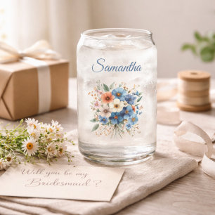 Bridesmaid Gift Elegant Blue Floral Personalised Can Glass