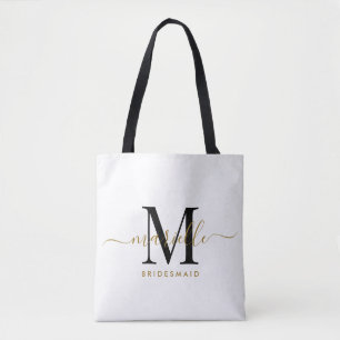 Bridesmaid Gift Gold Black Monogram White Tote Bag