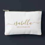 Bridesmaid Gift Gold Name Accessory Pouch<br><div class="desc">This Bridesmaid makeup and accessory bag features a handwritten gold script typography with swashes on a midnight or white background. Present your bridesmaids with a toiletry bag for their makeup and small items traditionally presented at the rehearsal dinner,  for use in the early morning before the wedding.</div>