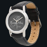 Bridesmaid Gift Grey Monogram White Details Black  Watch<br><div class="desc">Looking for Wedding Party Gifts for your Bridesmaid or Bridesmaids? Consider this classic stylish bridesmaids watch, with an elegant monogram initial, her name, title "Bridesmaid" (or whatever you want), and the date, all in a beautiful white font on a stainless steel black face women's classic black leather strap watch with...</div>