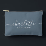 Bridesmaid Gift Print Cut Sew Accessory Slate Blue Pouch<br><div class="desc">This Bridesmaid accessory bag features a handwritten white script typography with swashes on a slate blue background. Present your bridesmaids with a toiletry bag for their makeup and small items traditionally presented at the rehearsal dinner,  for use in the early morning before the wedding.</div>