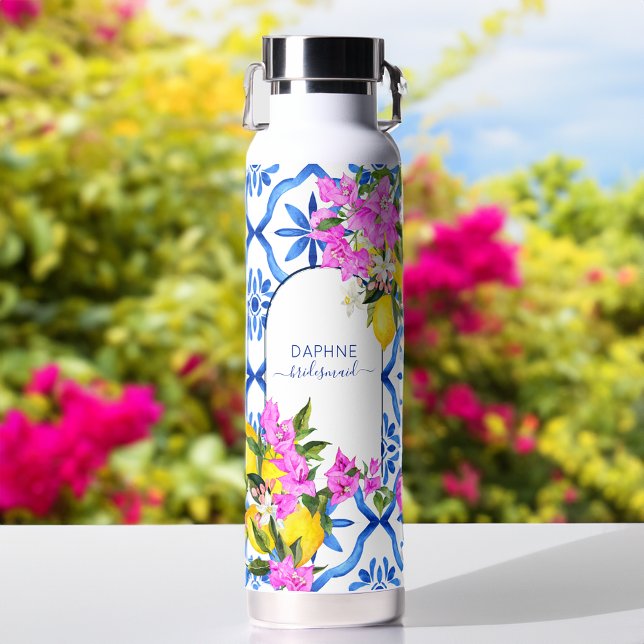 Bridesmaid gifts blue tiles bougainvilleas custom water bottle (Bridesmaid gifts blue tiles bougainvilleas personalized name water bottle Mediterranean bridal favor)