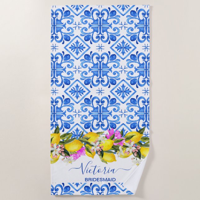 Bridesmaid gifts bridal party gifts lemon blue beach towel (Front)