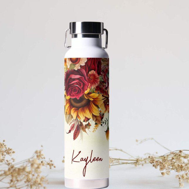 Bridesmaid gifts burgundy roses sunflowers  custom water bottle (Bridesmaid gifts personalized water bottle labels sunflowers burgundy roses fall themed )