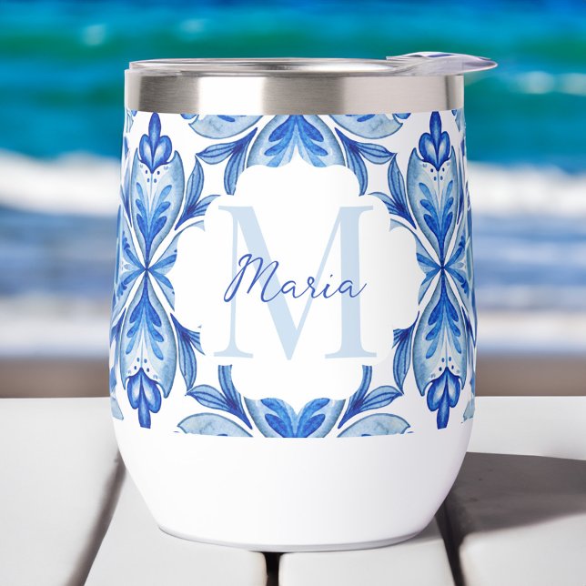 Bridesmaid gifts Italian Blue tiles monogram  (Bridesmaid gifts Italian Blue and white Majolica tiles personalized monogram Thermal Wine Tumbler)