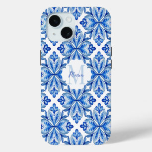 Bridesmaid gifts Italian Blue tiles monogram iPhone 15 Case