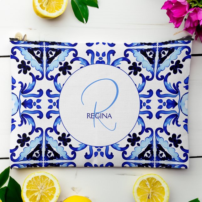 Bridesmaid gifts talavera blue tiles monogram  accessory pouch (Bridesmaid gifts talavera azulejo blue tiles monogram personalized beauty bag pouch gifts for her)