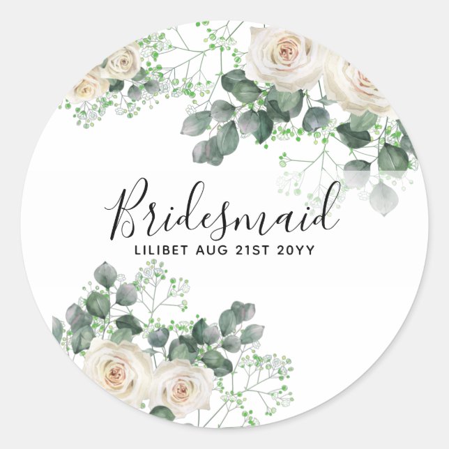 Bridesmaid Gifts White Roses Theme Personalised Classic Round Sticker (Front)