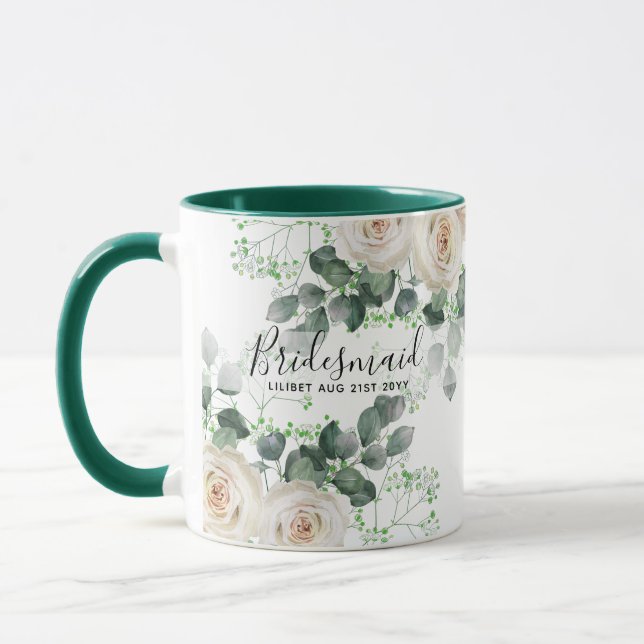 Bridesmaid Gifts White Roses Theme Personalised Mug (Left)