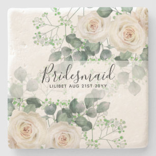 Bridesmaid Gifts White Roses Theme Personalised Stone Coaster
