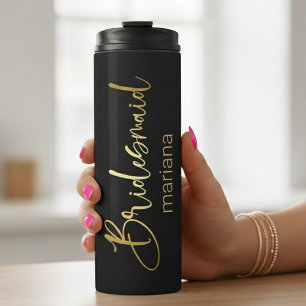 bridesmaid gold calligraphy personalised black thermal tumbler