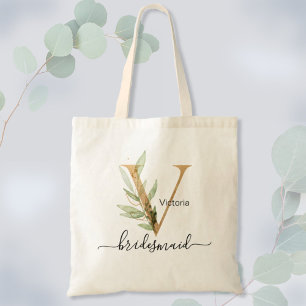 Bridesmaid Gold Leaf Greenery Foliage Monogram "V" Tote Bag