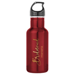 bridesmaid gold script personalised name red 532 ml water bottle
