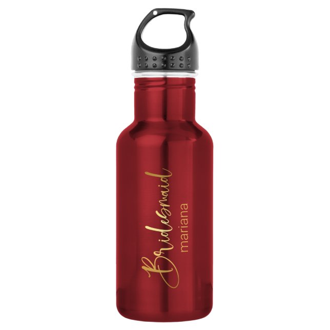 bridesmaid gold script personalised name red 532 ml water bottle (Front)