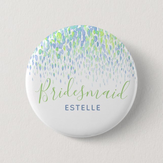 Bridesmaid green blue abstract art wedding button (Front)