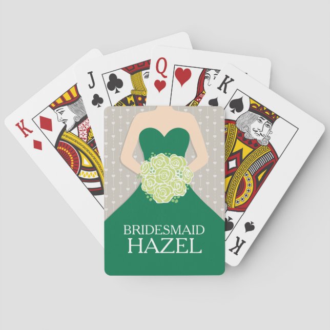 Bridesmaid green dress name wedding playing cards (Back)