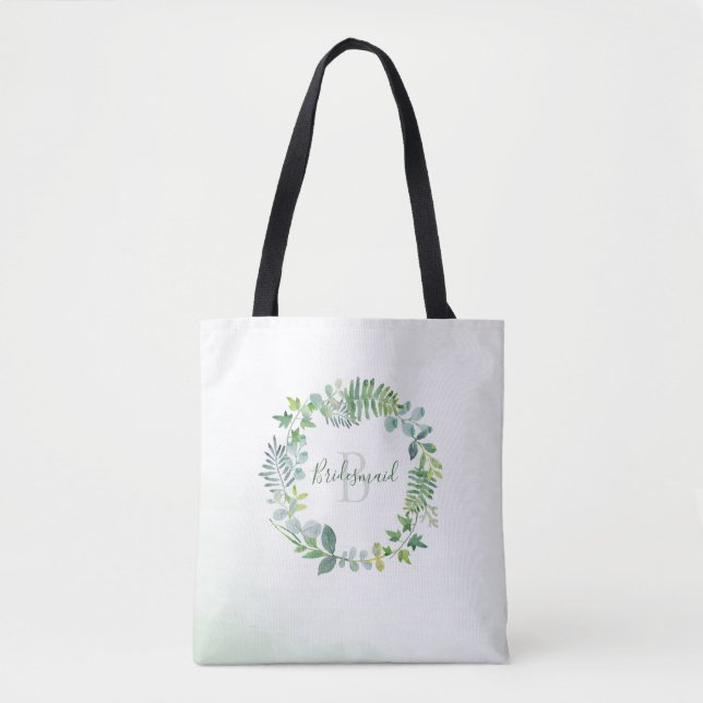 Bridesmaid Greenery Foliage Monogram Tote Bag (Front)