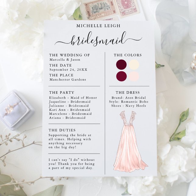 Bridesmaid Info Card Details Burgundy, Pink, Ivory (Creator Uploaded)
