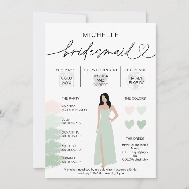 Bridesmaid Info Sage Colour Palette Infographic In Invitation (Front)