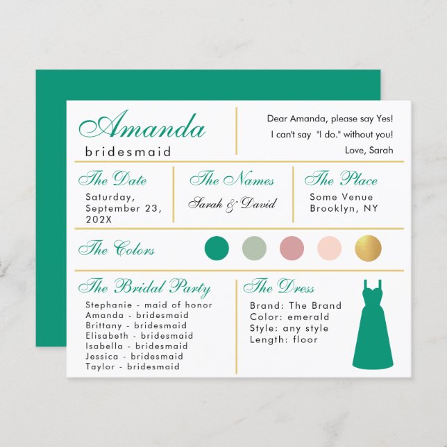  Bridesmaid Information Card Emerald Green Gold (Front/Back)