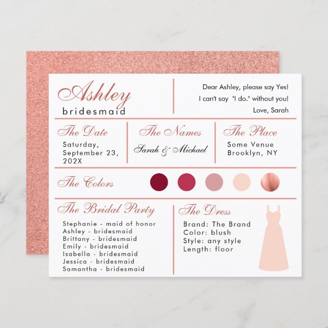  Bridesmaid Information Card Rose Gold Blush Pink  (Front/Back)