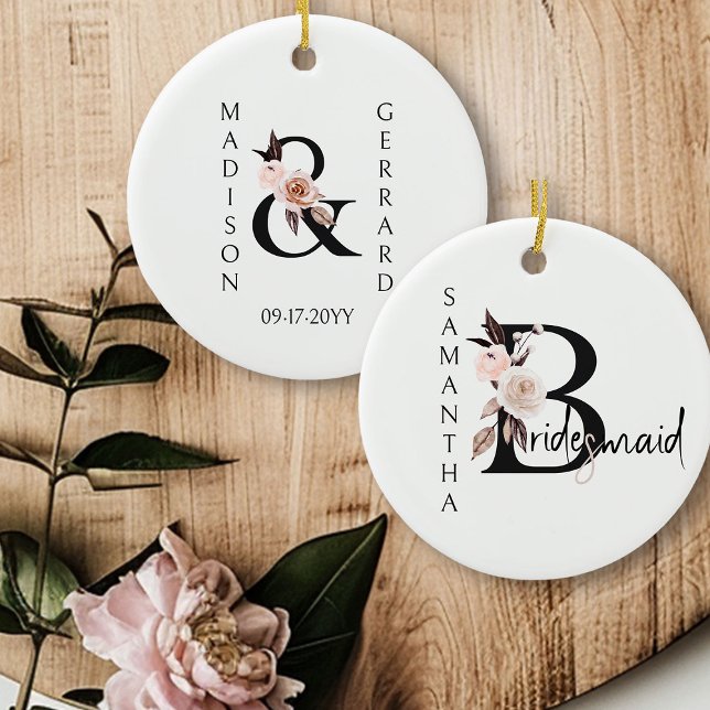 Bridesmaid Keepsake Boho Floral Letter Ceramic Ornament (Bridal Party keepsake gift to personalize for your Bridesmaids)