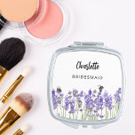 Bridesmaid lavender florals bees compact mirror<br><div class="desc">Decorated with lavender flowers and bees  Personalise and add your bridesmaid's name.   Black handwritten style script.</div>