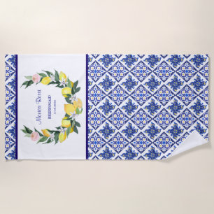 Bridesmaid Lemon Blue Italian Tiles Bridal Shower  Beach Towel