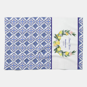 Bridesmaid Lemon Blue Italian Tiles Bridal Shower  Tea Towel