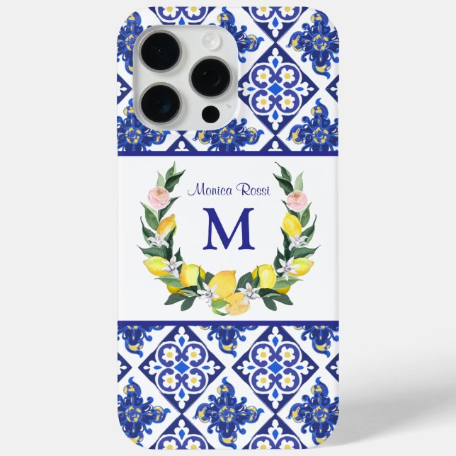 Bridesmaid Lemons Blue Italian Tiles Bridal Shower Case-Mate iPhone Case (Back)